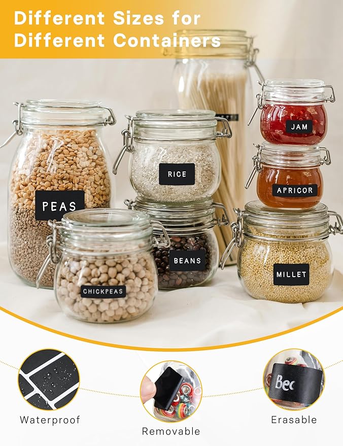 GAUENEEN 340 Pcs Removable Chalkboard Labels, 4 Sizes, Erasable Reusable Labels for Storage Bins, Pantry Label Stickers for Containers, 2 Liquid Chalk Pens Included