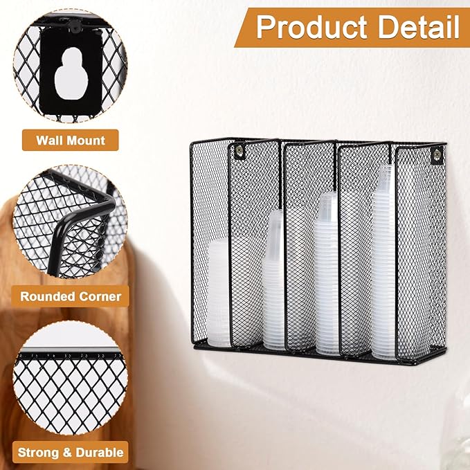 Wall Mount Portion Sauce Cup Lid Organizer 4 Compartments Iron Sauce Cup Dispenser Black Cup and Lid Holder Organizer Fits Cups Size 2 to 5.5 oz For Kitchen Counter Restaurant Coffee Bar 13x10x3.3 In