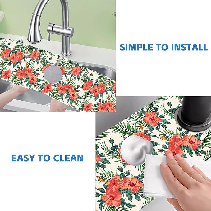 Tropical Leaves and Red Floral Kitchen Sink Splash Guard Mat Absorbent Fast Drying Mat Faucet Draining Mat Sink Splash Guard Behind Faucet Drip Catcher for Kitchen Bathroom 5.5"×24"