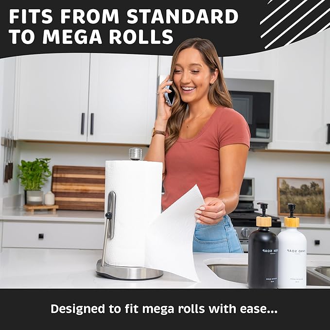 Stainless Steel Tension Arm Paper Towel Holder - Easy One-Handed Operation - This Sturdy Weighted Paper Towel Dispenser Countertop Model Has Suction Cups and Holds All Paper Towel Rolls (Silver)