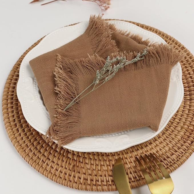Handmade Cloth Napkins with Fringe,18 x 18 Inches Cotton Linen Napkins Set of 12 Versatile Handmade Square Rustic Fringe Napkins for Dinner, Wedding and Parties, Taupe