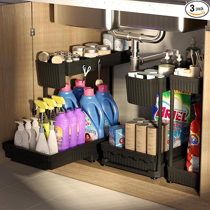 3 Pack Multi-Purpose Under Sink Organizers and Storage, 2025 L-Shaped Pull Out Cabinet Organizer for Bathroom & Kitchen, Under Cabinet Organizer with Hooks Hanging cup, Black, 14.85 inch