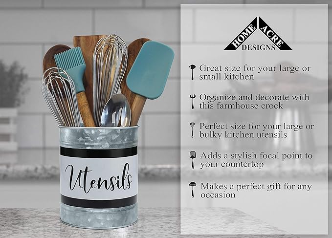 Home Acre Designs Kitchen Utensil Holder - Farmhouse Crock for Countertop Utensils, Black & White