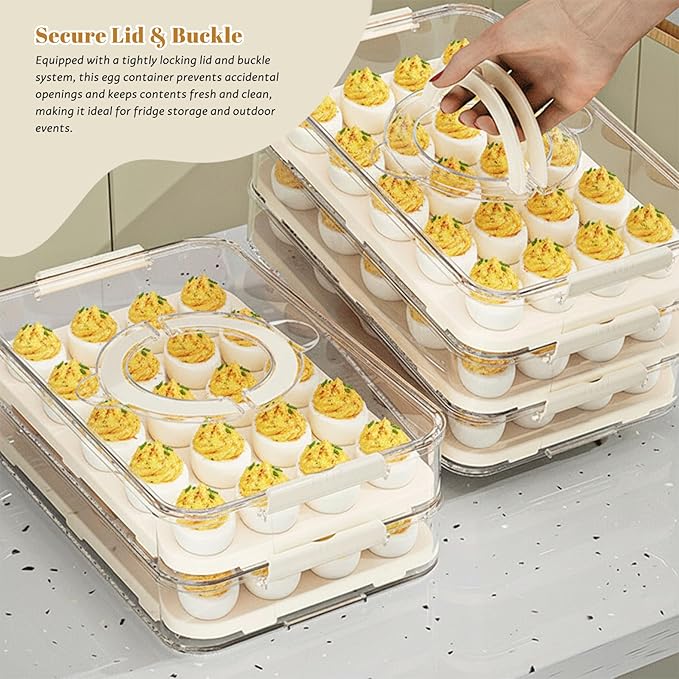 hhhlsl Deviled Egg Carrier 3-Layer Plastic Clear Deviled Egg Tray with Lid & Handle & Buckle Thickened 60 Holder for Fridge, Travel, Party
