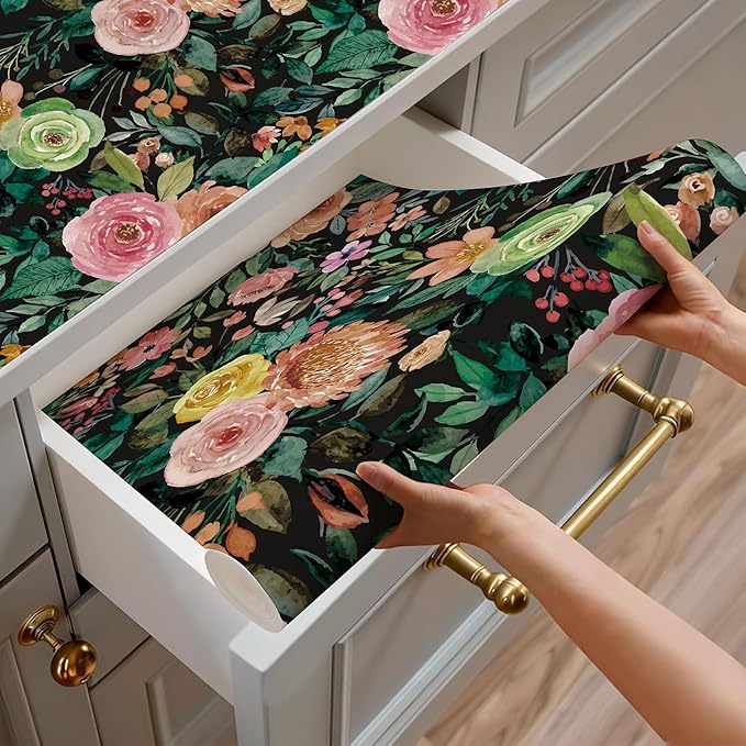 JiffDiff Floral Pattern Self-Adhesive Contact Paper, Oil and Water Resistant Drawer Liner Wallpaper for Dresser, Kitchen Cabinets, Dollhouse Walls, Arts & Crafts Decal(17.7" x 118.11",Black)