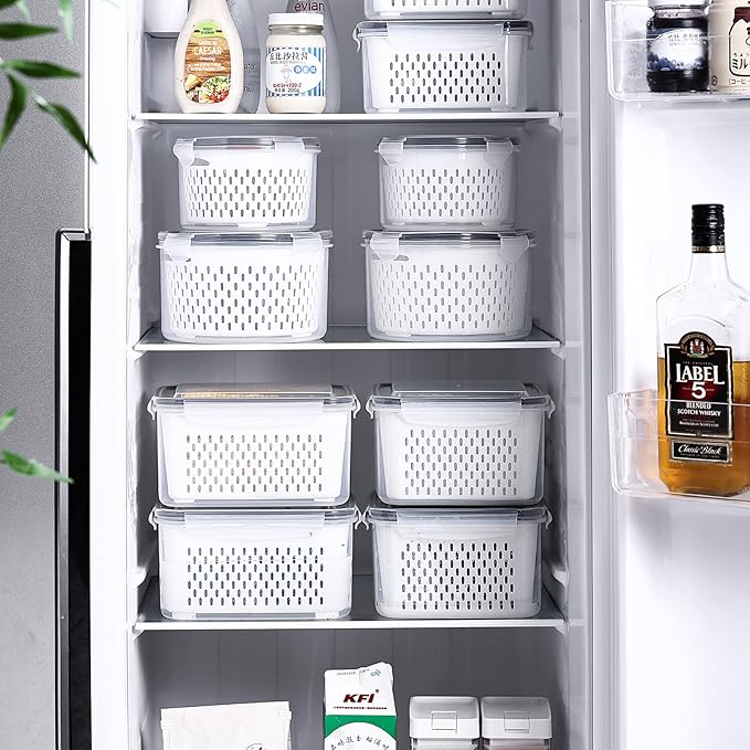 Ronanemon Large Fridge Food Storage Container Set with Lids with Strainer, Fruit Vegetable Storage Containers Keep Fruits, Vegetables, Berry, Meat Fresh longer, BPA-Free Plastic Produce Keepers