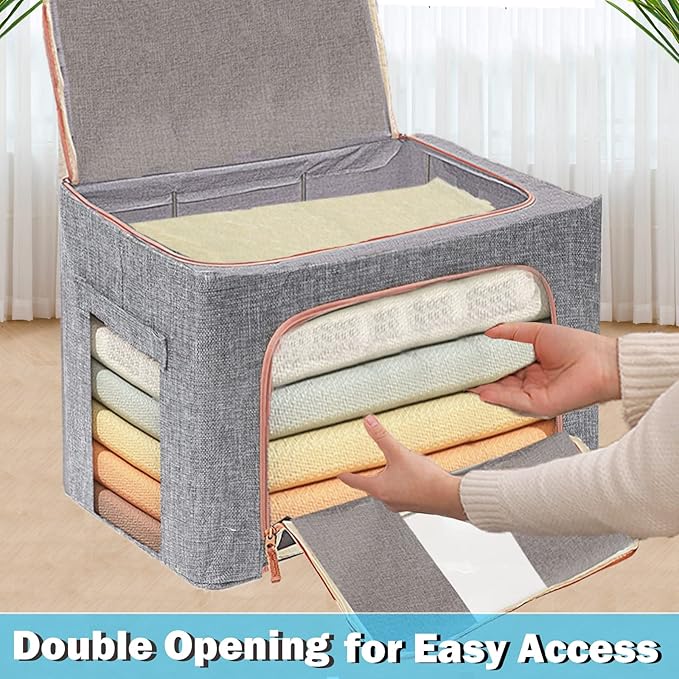 SWEERI Extra Large Clothes Storage Bins with Metal Frame, Foldable Organizer for Home Organization, 2-Way Zipper, Clear Window Storage Bags for Clothes, Bedding, Seasonal Storage, 100L x 3Pack