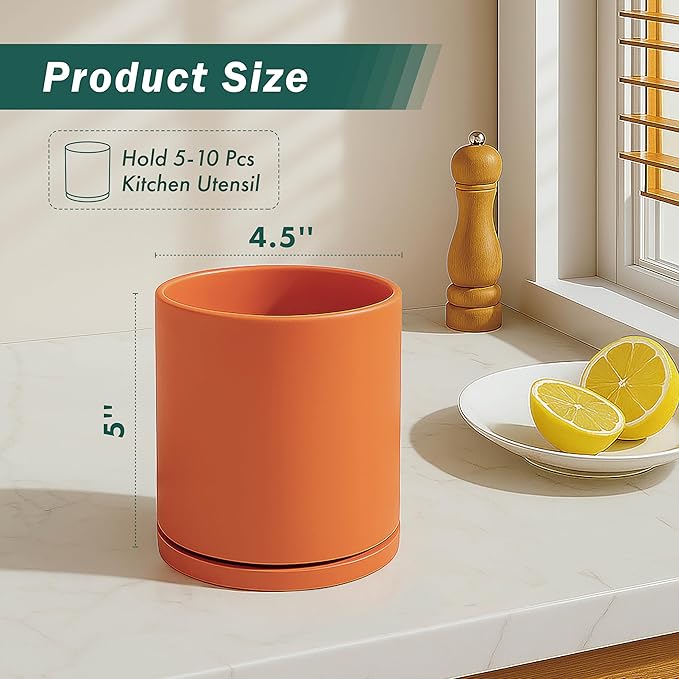 D'vine Dev 360° Rotating Utensil Holder – 5" Kitchen Utensil Crock for Countertop, Modern Cooking Tool Organizer for Kitchen Storage & Décor, Set of 2, Pumpkin, 72-Y-E-1