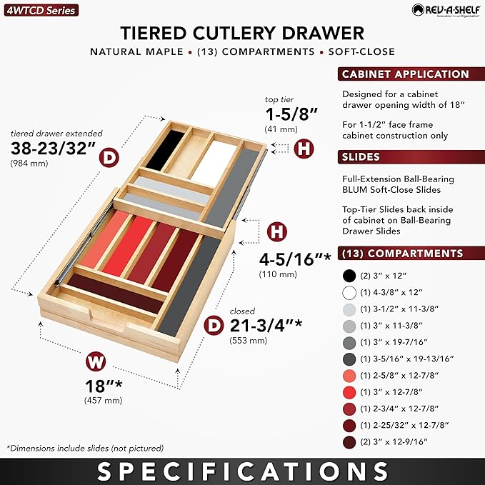 Rev-A-Shelf Two-Tier Kitchen Utensil Drawer Organizer & Pullout Cutlery Tray, Soft-Close Slides, 18" Cabinet Opening, Wood, 4WTCD-21HSC-1