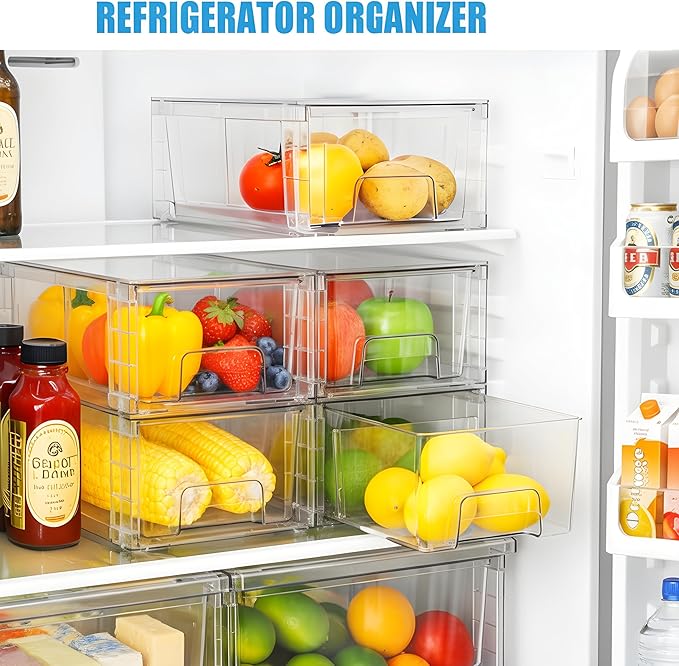 2 Pack Stackable Storage Drawers,Plastic Organizers Bins, Drawers Storage with Handles and Movable Dividers for Organization and Storage in Fridge,Bathroom, Pantry, Kitchen Cabinets, Under Sink