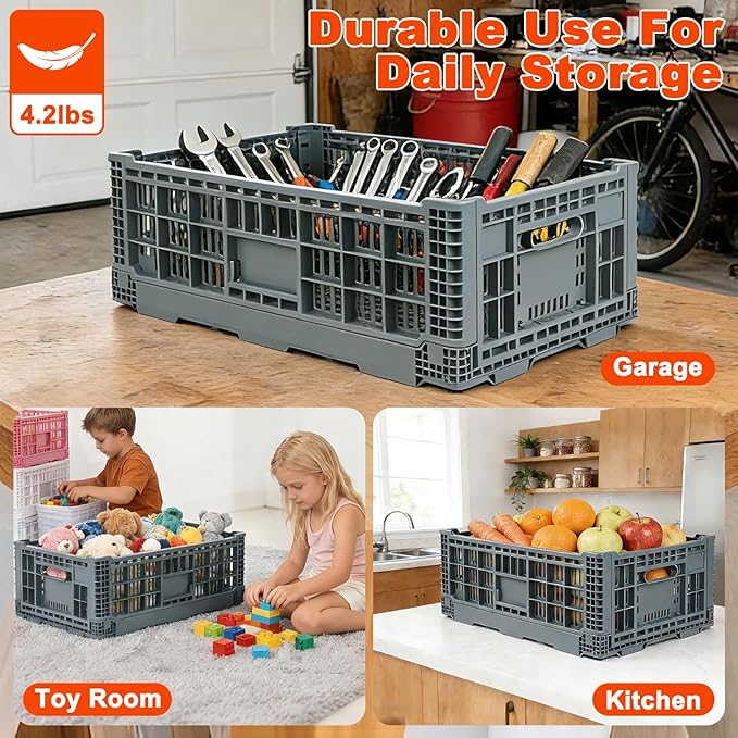 Shineyaplus Collapsible Milk Crate, 1 pck 52L(13GAL) Stackable Storage Bins, Heavy Duty Storage Crates, Plastic Crates for Grocery, Warehouse Organization - Extra Large, Holds 130 lbs Per Bin