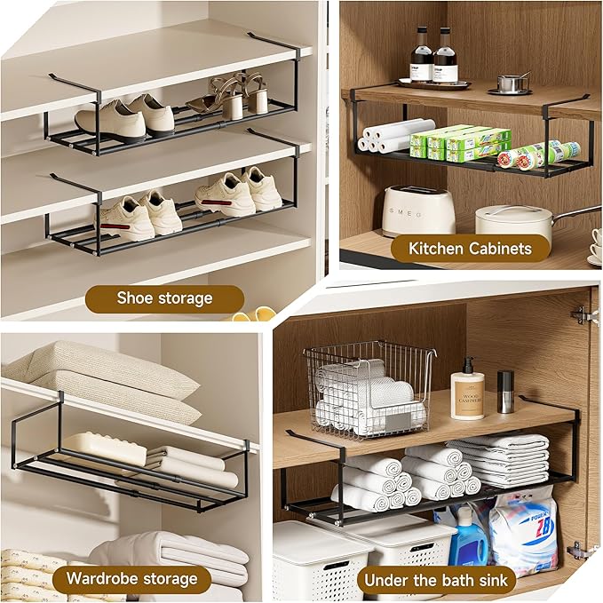 UFORU Expandable Hanging Shoe Rack Organizer for Closet, Adjustable Shoe Rack Under Cabinet Shelf, Versatile Under Shelf Storage for Kitchen, Book, Clothing Storage and Organization(Black,2PCS)