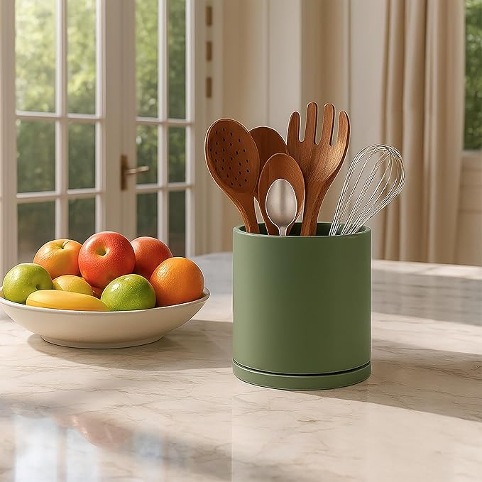 D'vine Dev 360° Rotating Utensil Holder – 5" Kitchen Utensil Crock for Countertop, Modern Cooking Tool Organizer for Kitchen Storage & Décor, Set of 2, Olive, 72-Y-C-1