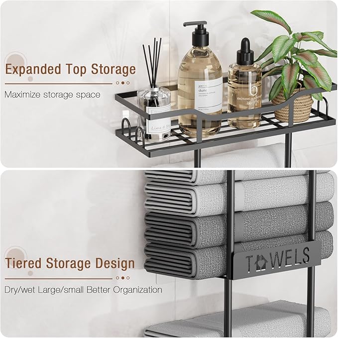 Towel Racks for Bathroom Wall Mounted Towel Storage Organizer Wall Towel Rack for Rolled Towels（2 Tier Black