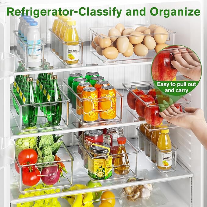 Clear Freezer Organizer Bins, 10 Pack Plastic Storage Bin, Stackable Snack Organizer for Pantry, Fridge Storage Containers with Handle for Cabinet, Kitchen