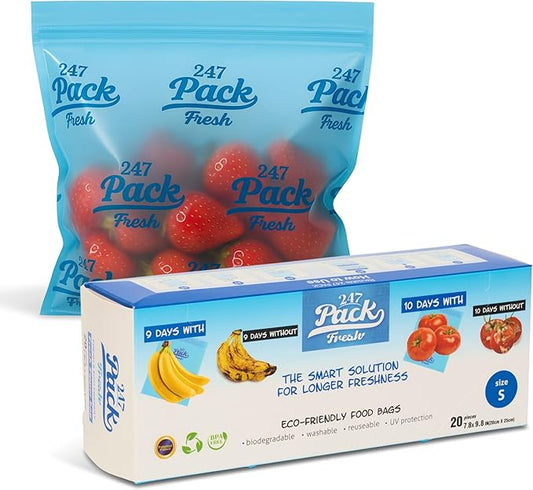 Freshpack 247 Food Bags – Tear-Off Bags on a Roll, Reusable, Ethylene Absorption Helps Keep Food Fresh up to 3× Longer – Biodegradable, BPA-Free, UV-Shielded, SGS Tested (S)