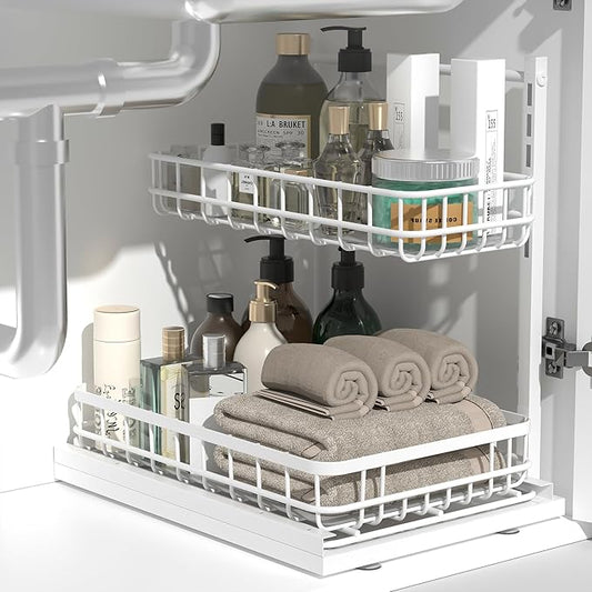 Under Sink Organizer, Adjustable Height Pull-Out Kitchen Storage Organization,15.8" x 11.8" x 16.5",2-Tier Kitchen Shelf,Bathroom Drawer Organizer, White