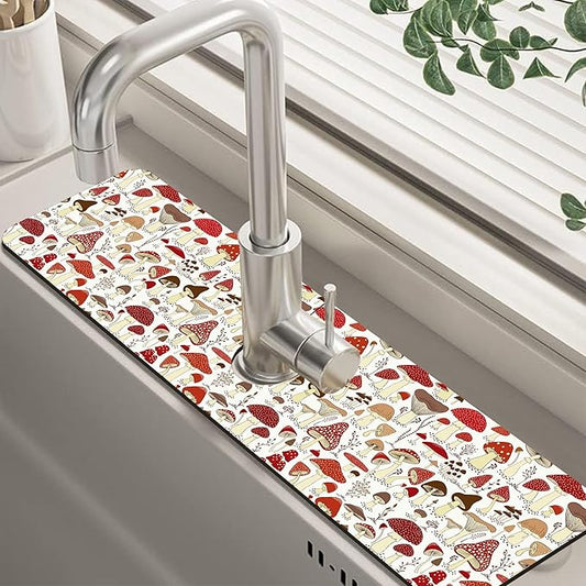 Cartoon Mushrooms Dish Drying Mat for Kitchen Sink Splash Guard Behind Faucet Sink Mat Absorbent Fast Drying Faucet Draining Mat for Bathroom Kitchen 5.5"×24"