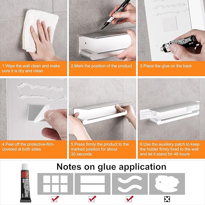 Paper Towel Holder with Shelf for Kitchen, Paper Towel Holder Wall Mount for Bathroom, Self-Adhesive Anti-Rust Aluminum, No Drill or Wall-Mounted with Screws (Dull Polished Silver)
