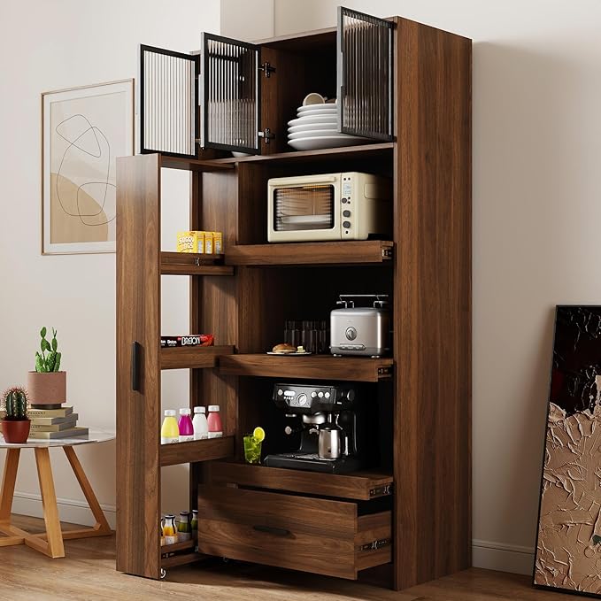 70.87" Tall Kitchen Pantry Storage Cabinet with Pull-Out Shelf, Glass Doors, 2 Drawers & Side Shelves, Freestanding Wood Hutch Cupboard with Microwave Stand for Dining Room, Coffee Bar, Walnut