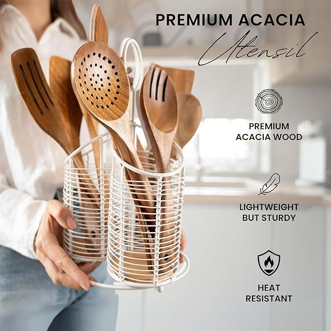 Rotating Utensil Holder with 3 Compartments & Cork Bottom – Premium Matte White Metal + 9-Piece Acacia Wood Kitchen Utensil Set – Countertop Organizer for Cooking Tools, Housewarming & Holiday Gifts