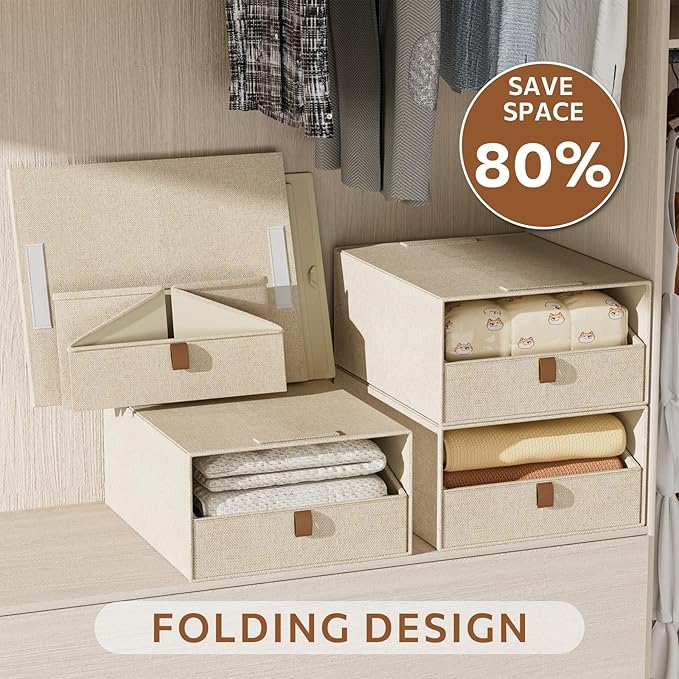 4-Pack Storage Bins with Drawers Large Closet Organizers and Storage Stackable Fabric Clothes Storage Box Collapsible Closet Drawers Organizer for Bedroom Living Room Under Bed (Beige, 21L*4)