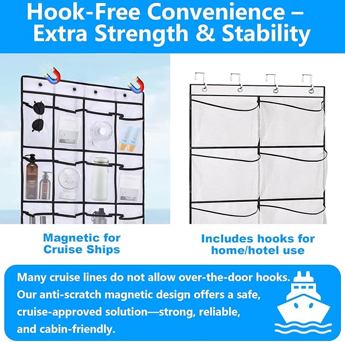 Magnetic Door Organizer with Hooks, 24 Mesh Pockets, Over Door Storage Solution, White, 55x21 Inch, Magnetic Shoe Rack Holder for Cruise Ship Cabins