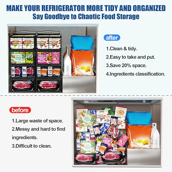 3PCS Freezer Organizer Bins,Stackable Chest Freezer Organizer for 7 Cu.FT Deep Freezer Sort Frozen Food, Easily Get Food from the Bottom with Side Handles Add Storage Space