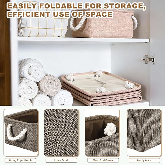 uxcell 2Pcs Fabric Storage Bins, 12 x 8.3 x 5 Inch Foldable Storage Cubes with Rope Handles Collapsible Bins Baskets for Home Office Shelves Closet Clothes Books Organizing, Brown