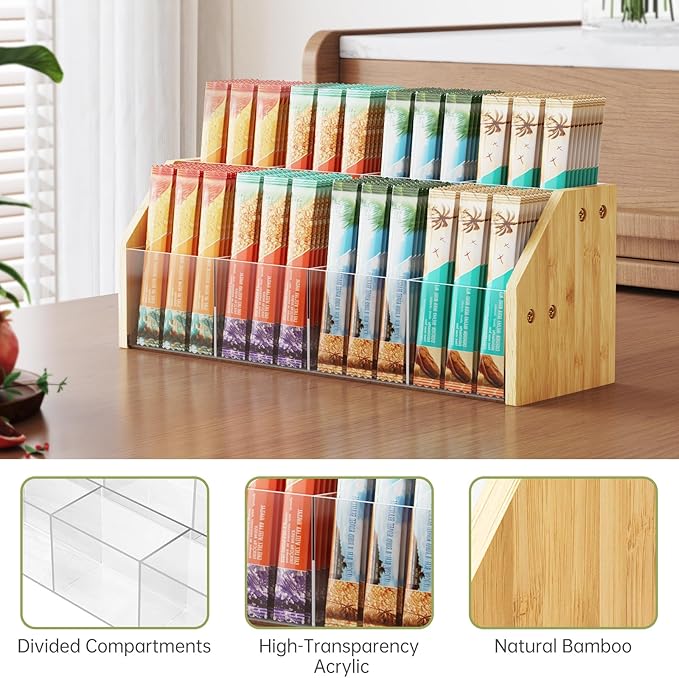NiHome 2-Tier 8 Compartments Drink Packet Organizer, Bamboo and Clear Acrylic Storage Rack for Tea Bags, Sugar Packets, Flavor Mixes, Seasoning Sachets, Easy Access & Space-Saving Countertop Organizer
