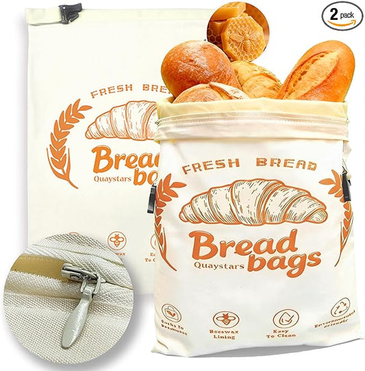 2pc- Beeswax Bread Bags for Homemade Bread & Sourdough – XL Eco-Friendly, Food-Safe Reusable Food Storage Bag to Keep Loaves Fresh Longer – Sustainable, Freezer Sourdough Container, Double Lock