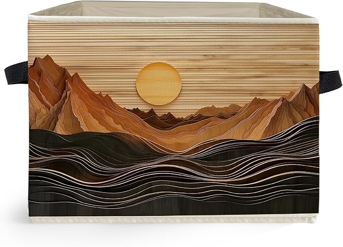 Boho Abstract Sun Mountain Storage Box Bins, Rustic Modern Abstract Boho Collapsible Storage Basket Organizer for Bedroom Laundry Room Home Clothes Toys Books, Toybox for Kids