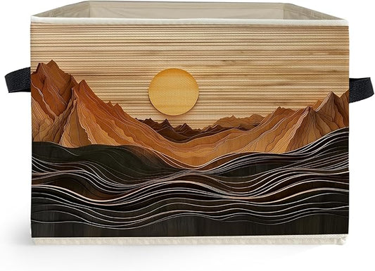 Boho Abstract Sun Mountain Storage Box Bins, Rustic Modern Abstract Boho Collapsible Storage Basket Organizer for Bedroom Laundry Room Home Clothes Toys Books, Toybox for Kids