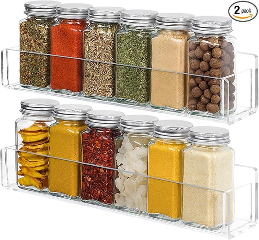 Acrylic Spice Racks for Wall Mount, 2-Pack Clear Cabinet Door Spice Rack with Nano Tape & Screws