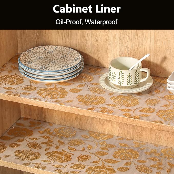 INNOLITES Shelf Liner for Cabinets, Non-Adhesive for Kitchen Drawer Liner, Waterproof Shelf Paper with Floral Pattern, Durable Easy to Clean (Golden Rose, 11.8" x 236")