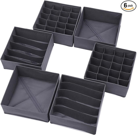 DIOMMELL 6 Pack Foldable Cloth Storage Box Closet Dresser Drawer Organizer Fabric Baskets Bins Containers Divider for Clothes Underwear Bras Socks Lingerie Clothing, Dark Grey 22-2000