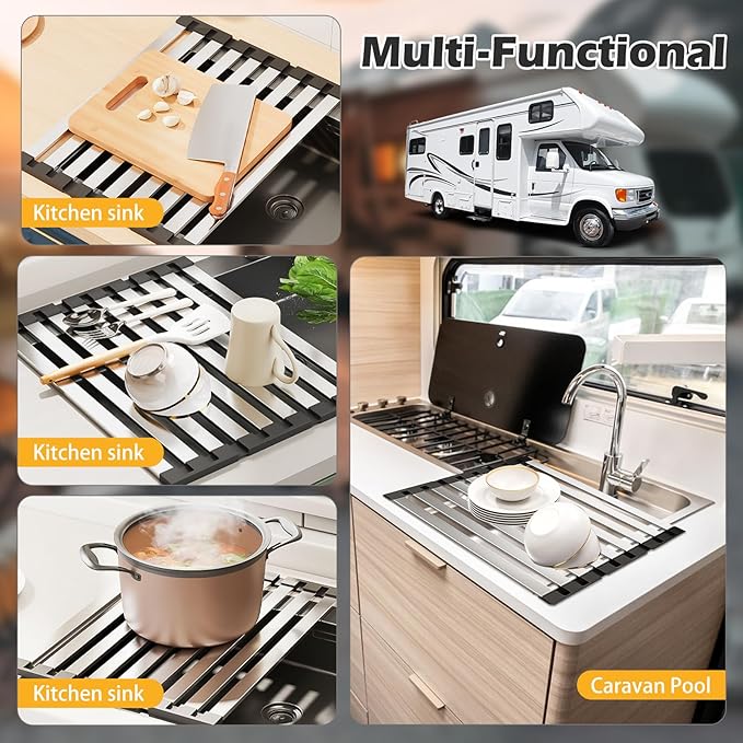 13.8"*12.8" Foldable Dish Drying Rack Thickened & Widened Over Sink Dish Drying Rack High-Temperature Resistant Removable Sink Storage Rack 304 Stainless Steel Drainer for Kitchen and Rv sink