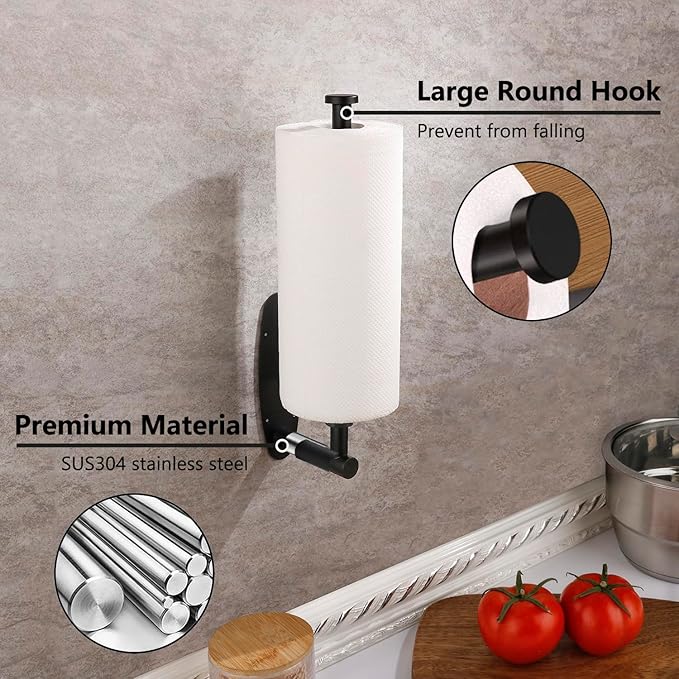 Single Hand Operable Paper Towel Holder Under Cabinet with Damping Effect, Self Adhesive Paper Towel Roll Holder Wall Mount for Kitchen Bathroom, SUS304 Stainless Steel, Black