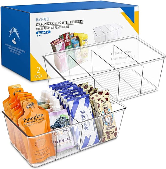 Batoto Pantry Organization and Storage Bins, Refrigerator Organizer Bins – Clear, Kitchen Organization and Storage with Dividers (2 Pack)