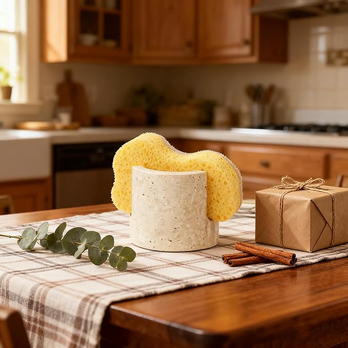 Natural Travertine Sponge Holder & Drying Rack for Kitchen Sink Non-Slip Grip Fast-Absorbing Stone Sponge Caddy Organizer Sturdy Bathroom or Kitchen Counter Accessory Beige