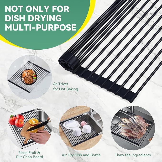 Roll Up Dish Drying Rack Over The Sink, Silicone Wrapped Stainless Steel Dish Drainer, Anti-Slip, Heat-Resistant, Multipurpose for Kitchen, 17”L×13”W Black