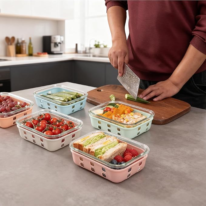 GENICOOK 4.4 Cup Glass Food Storage Containers, 5-Pack – Airtight Meal Prep Containers with Non-Slip Sleeve & Tempered Glass Lids, BPA-Free, Leakproof, Stackable