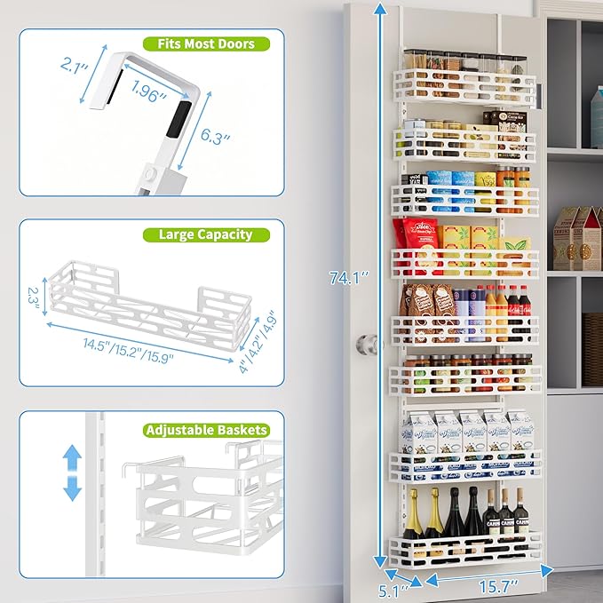 Over the Door Pantry Organizer, Pantry Organization and Storage, 8 Tier Pantry Door Spice Rack Organizer, Metal Over Door Organizer Home Office Laundry Room Bathroom & Kitchen Organization, White