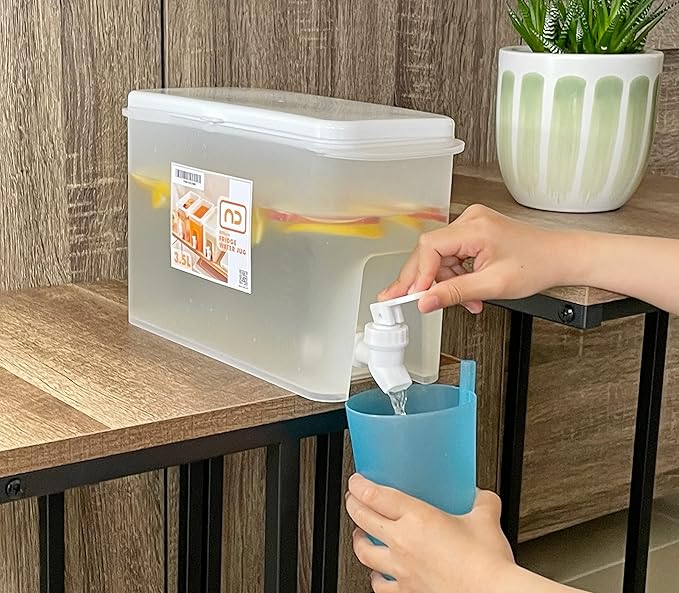 NDBOX Slim Fridge Jug with Faucet for Water, Iced Tea, Fruit Juice, Softdrinks, Milk, Beverages Dispenser - Hot or Cold Drinks for Parties - Spacesaver 3.5L or 0.92Gal Container (White Jug 1pc)