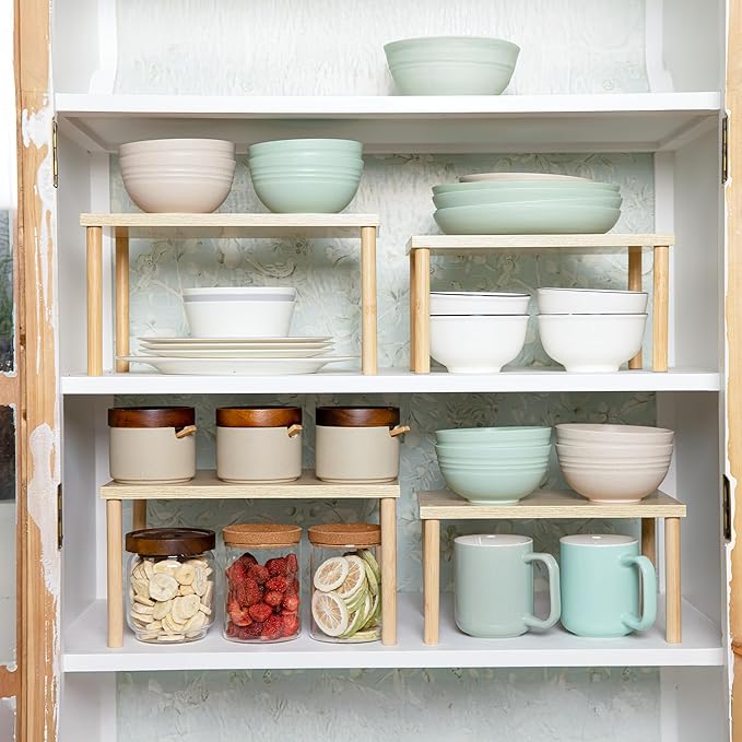 Wood Cabinet Organizer Shelf, Set of 4 Kitchen Counter Shelves, Stackable Plate Organizer for Cabinet, Pantry Cupboard Dish Mug Cup Storage Shelf