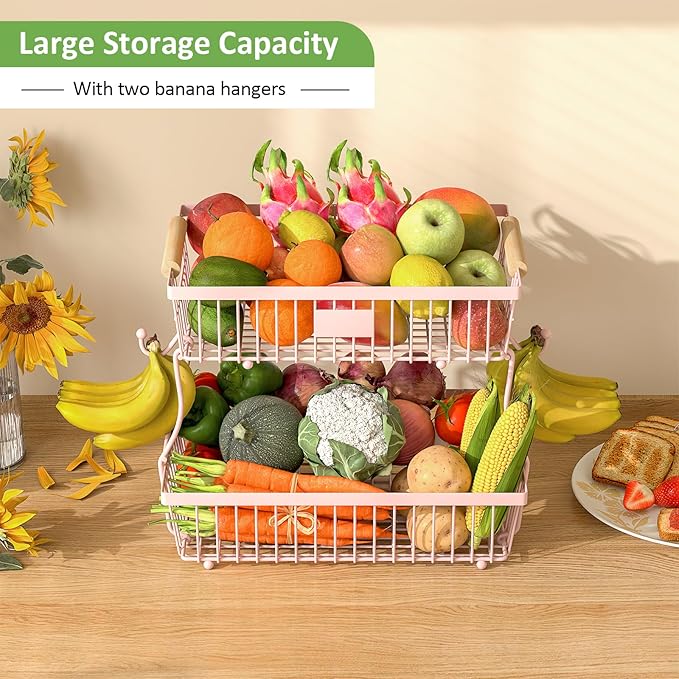 2 Tier Fruit Basket for Kitchen Counter with 2 Banana Hangers, Countertop Metal Fruit Bowl with Wooden Handle, Large Storage Stand for Vegetables, Snacks, Breads, Produce Storage – Pink