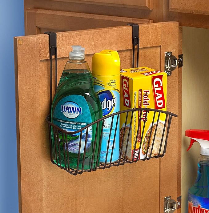 Spectrum Contempo Arched Over the Door Cabinet Organizer Storage Basket for Kitchen Bathroom Under Sink Storage, Fits Most Cabinet Doors Heavy Duty Steel Wire Hanging Basket Kitchen Organizer, Bronze