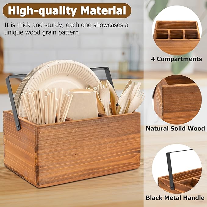 RedCall Silverware Caddy with Handle,Wood Utensil Holder for Party,Countertop Cutlery Flatware Organizer for Plate, Cup, Fork, Spoon