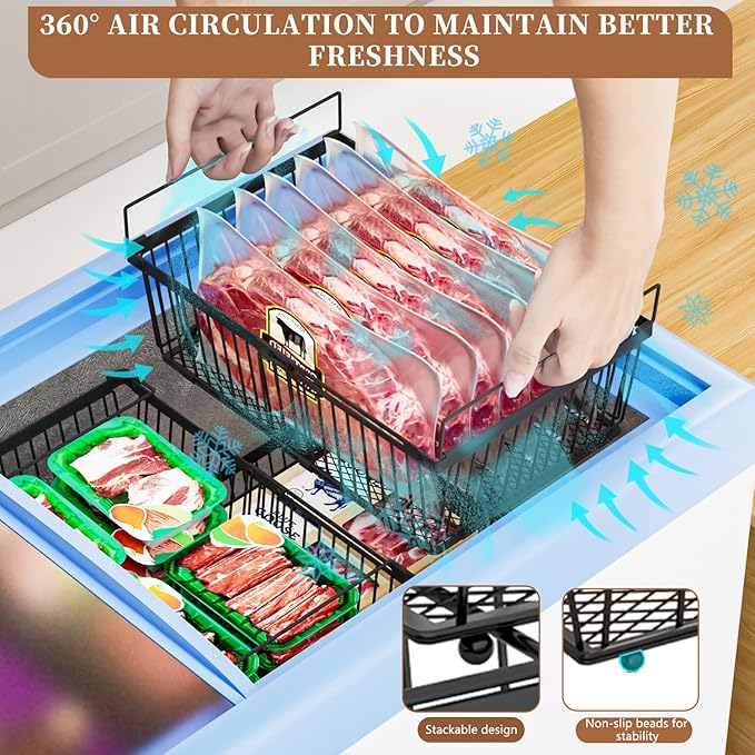 Large Freezer Organizer Bins，Upgraded Bottom Leak-Proof net，2 Pack， Expandable Stackable Chest Freezer Containers with Handle，for Fridge, Deep Freezer, Cabinet, Kitchen, Pantry (Black-6Pack)