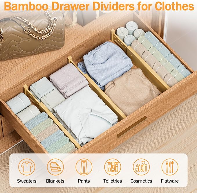 Bamboo Drawer Dividers 4" High, 12.8-18" Adjustable Drawer Organizers for Clothes,Expandable Dresser Separators in Bedroom/Kitchen/Bathroom/Office Organization and Storage,6 Pack